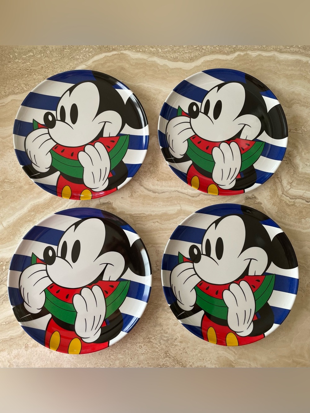 Disney Store 4pc Mickey Mouse Blue, White, Red, Green Watermelon Melamine Plates